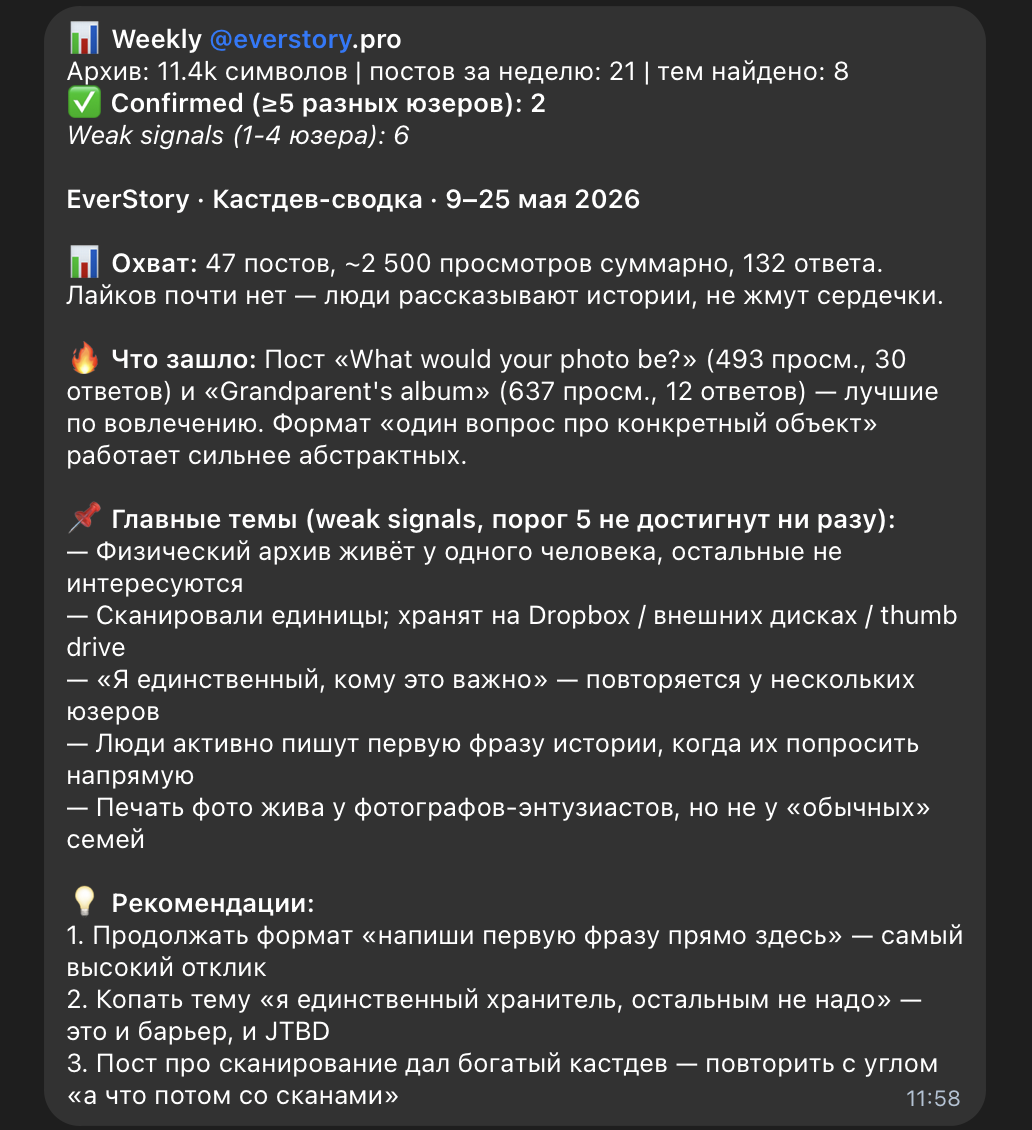 Скриншот еженедельного отчёта Amy в Telegram: разбор комментариев недели, повторяющиеся темы, слабые сигналы